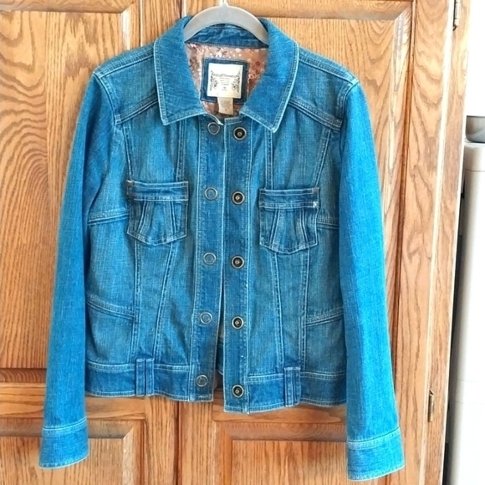 Ruff Hewn Vintage Women's Denim Jean Jacket Size Medium Blue‎ Gold Snap Close